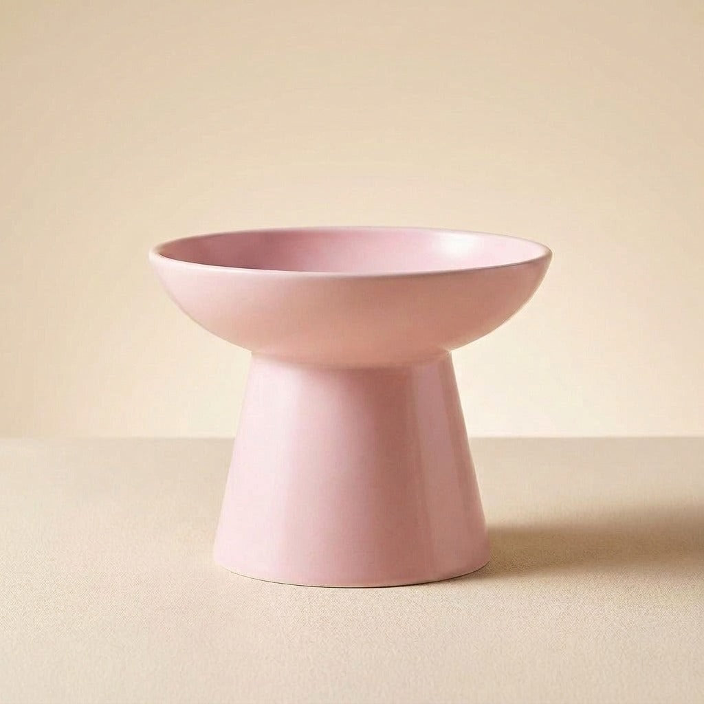 Wide Flared Elevated Ceramic Cat Bowl in pink, studio shot