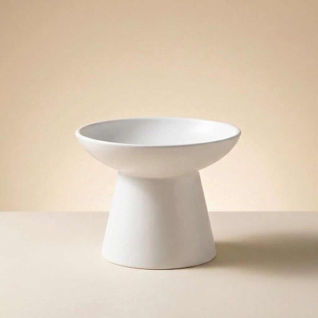 Wide Flared Elevated Ceramic Cat Bowl in white, studio shot
