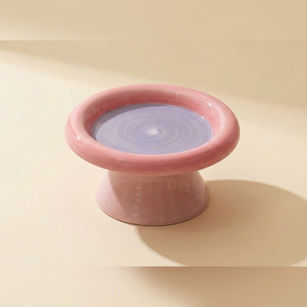Wide Pedestal Cat Bowl, round pink bowl, studio shot