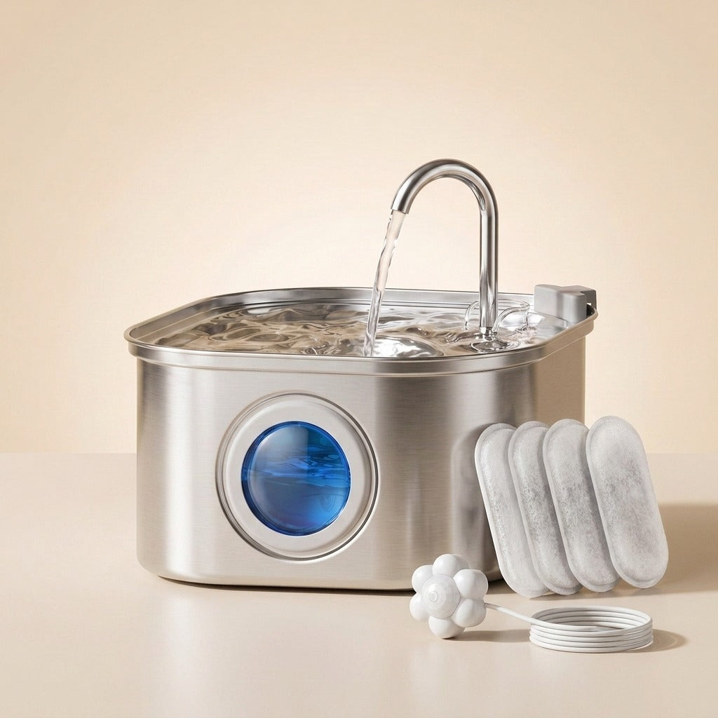 Stainless Steel Cat Water Fountain with Window with four filters and motion sensor, studio shot