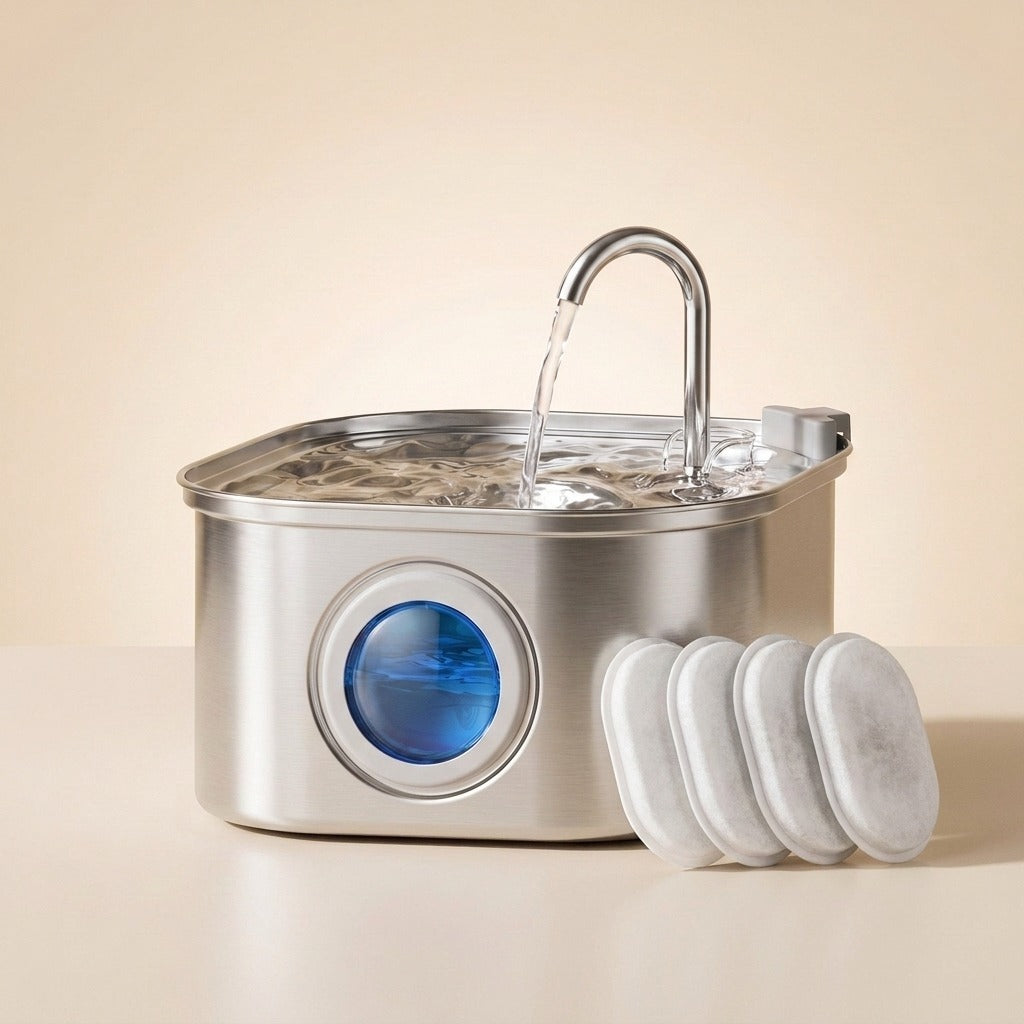Stainless Steel Cat Water Fountain with Window with four replacement filters, studio shot