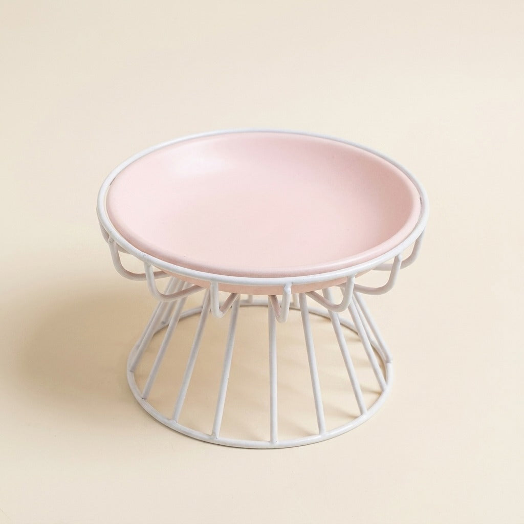 Raised Ceramic Cat Plate on wire stand in pink, studio shot