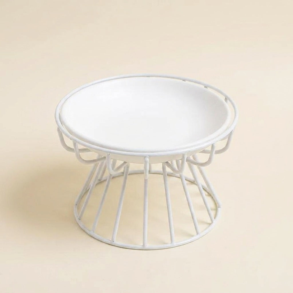 Raised Ceramic Cat Plate on wire stand in white, studio shot
