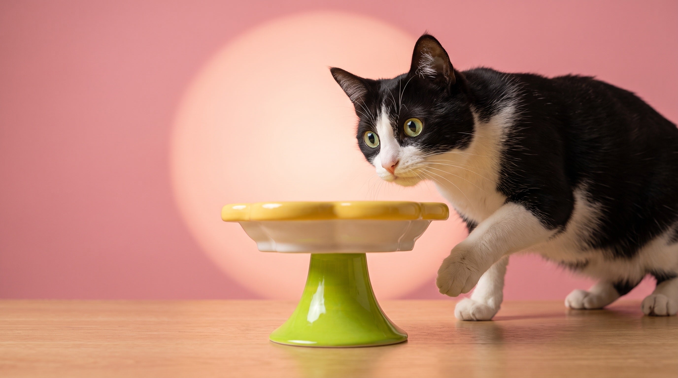 Tuxedo cat stepping toward the Flower Ceramic Raised Cat Bowl against a pink backdrop