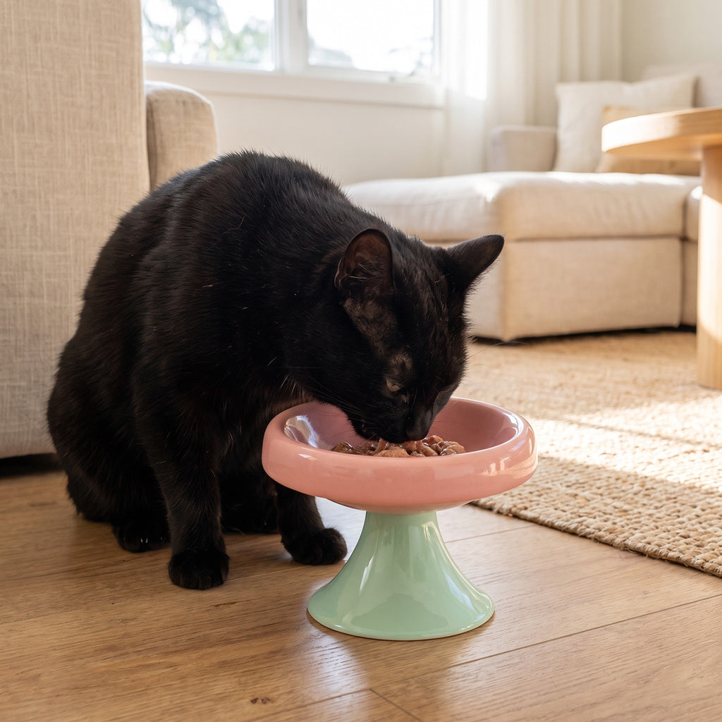 pastel pedestal ceramic cat bowl, with a cat using it