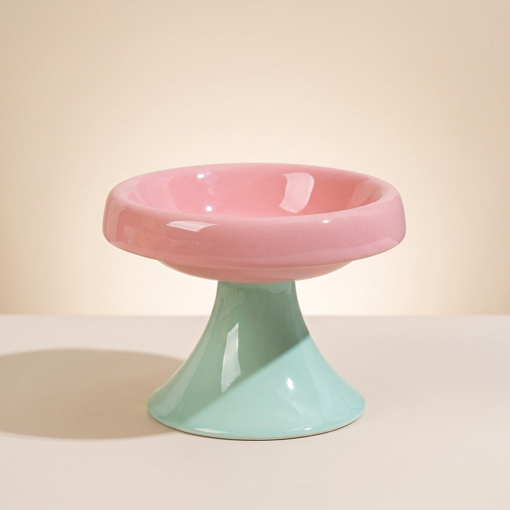 pastel pedestal ceramic cat bowl, studio product photo