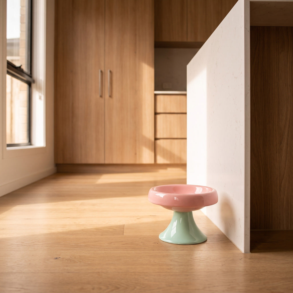 pastel pedestal ceramic cat bowl, in a sunlit Australian home