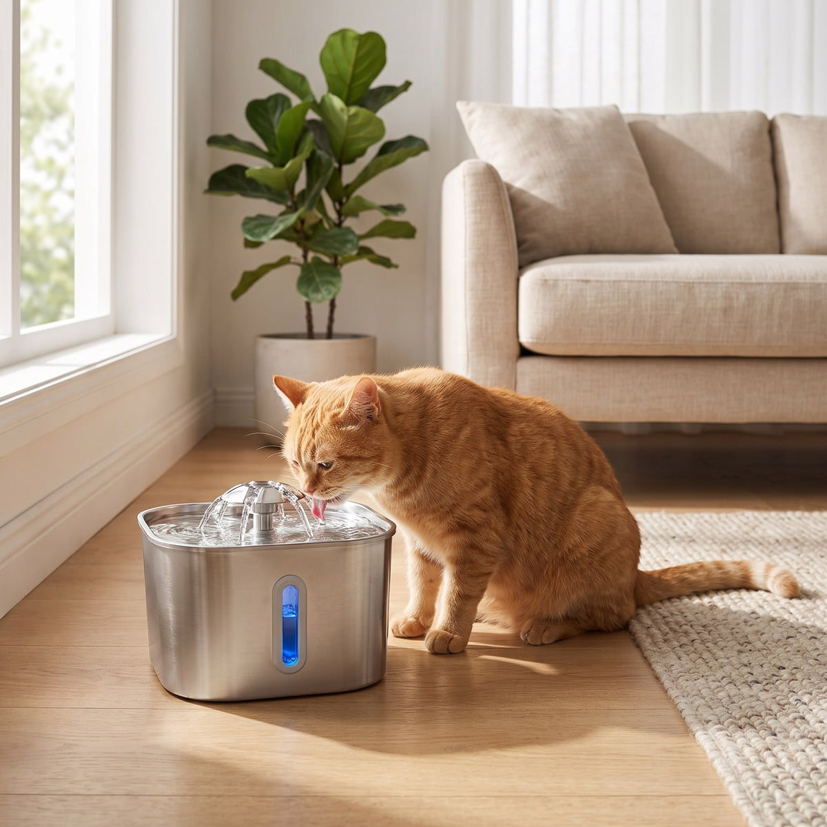 Cat drinking from a Compact Stainless Steel Cat Water Fountain beside a couch