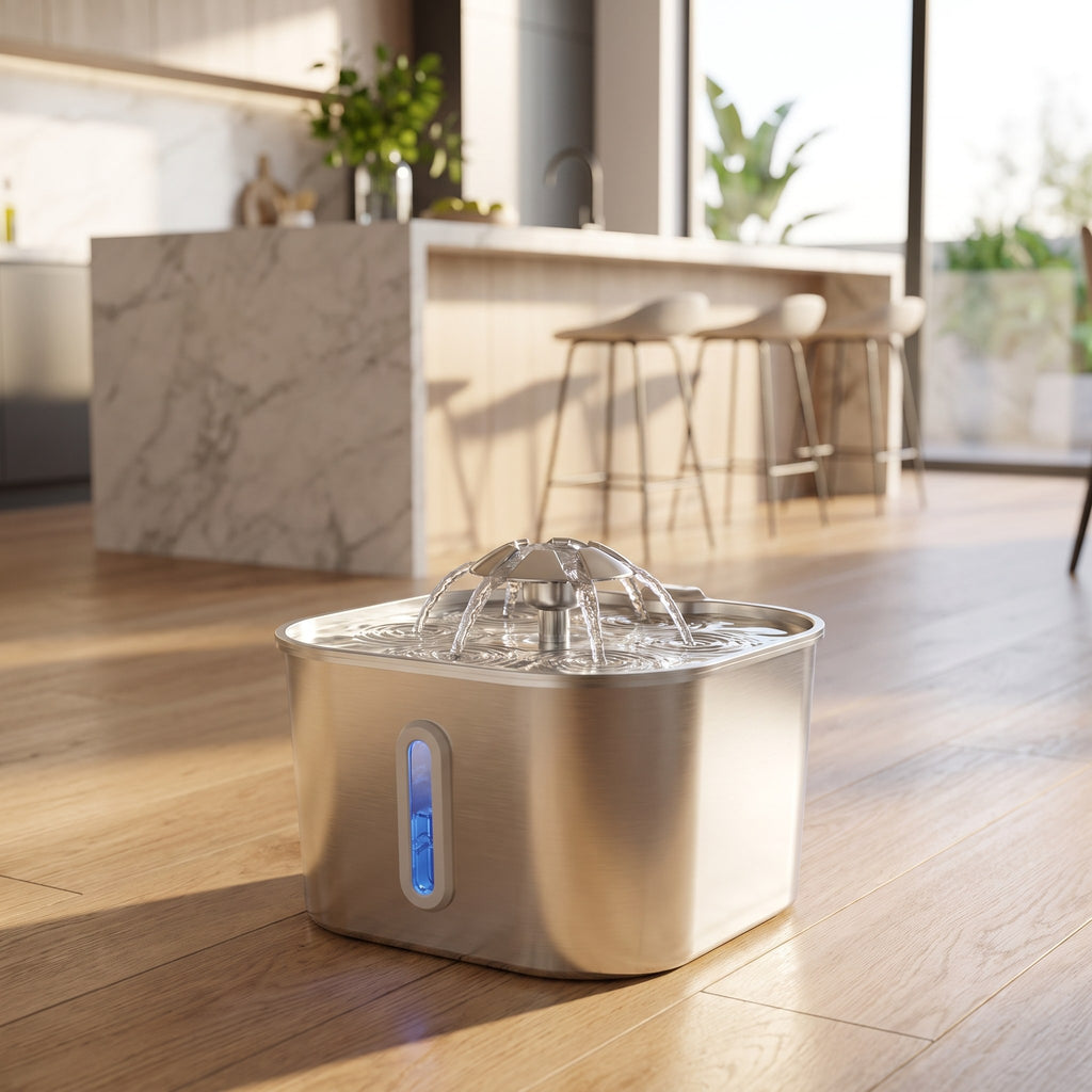 Compact Stainless Steel Cat Water Fountain on timber flooring in a modern kitchen
