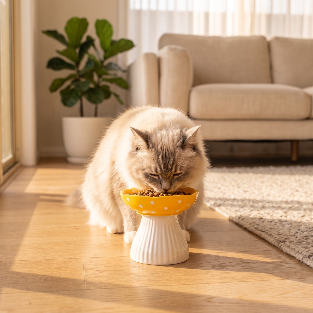 Fluffy cat eating from the Mushroom Elevated Ceramic Cat Bowl in a sunlit living room