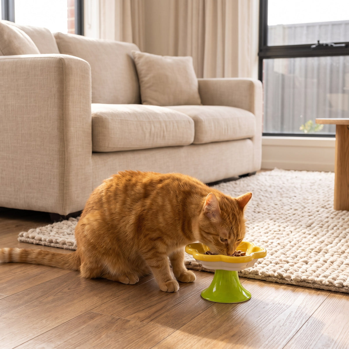 Cat eating from a yellow Flower Ceramic Raised Cat Bowl in a bright living room