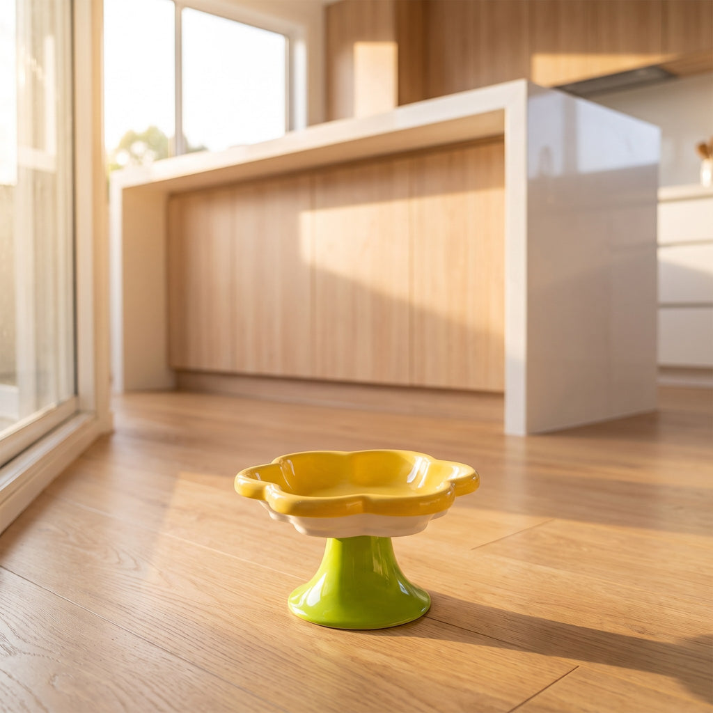 Yellow Flower Ceramic Raised Cat Bowl on timber flooring beside a kitchen island