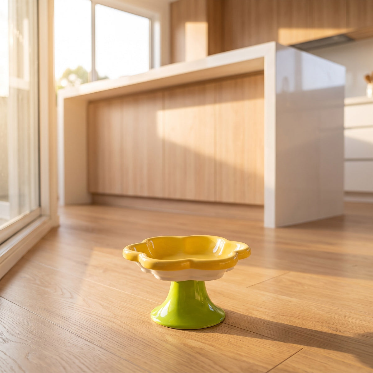 Yellow Flower Ceramic Raised Cat Bowl on timber flooring beside a kitchen island