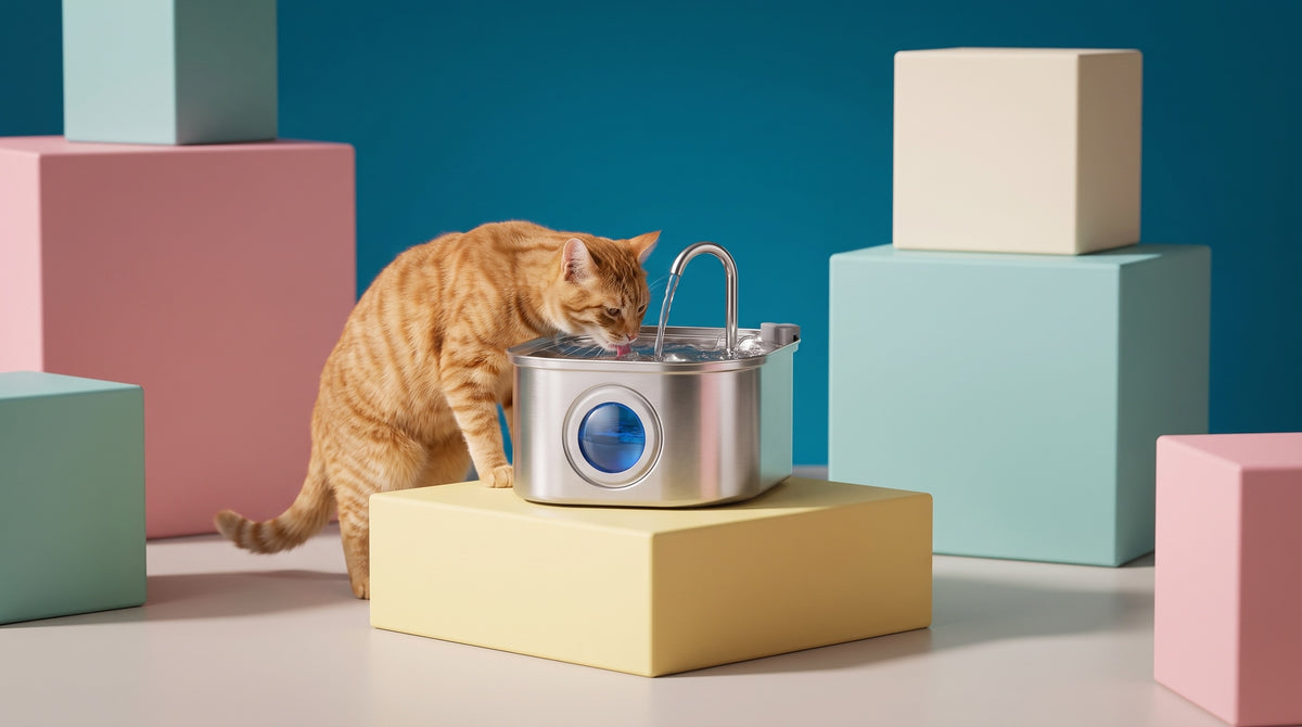 Ginger cat drinking from the Stainless Steel Cat Water Fountain with Window on pastel display blocks