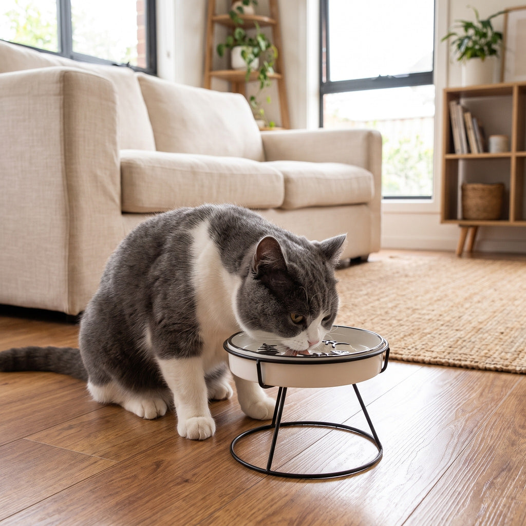 flat face slow feed ceramic dish on metal stand, with a cat using it