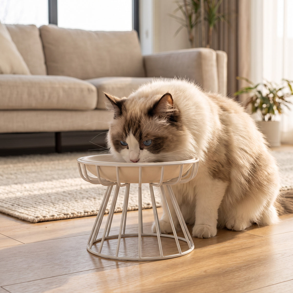 raised ceramic cat plate with wire stand, with a cat using it
