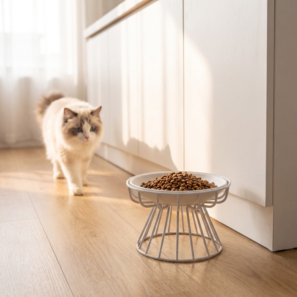 raised ceramic cat plate with wire stand filled with kibble, cat approaching in a sunlit home