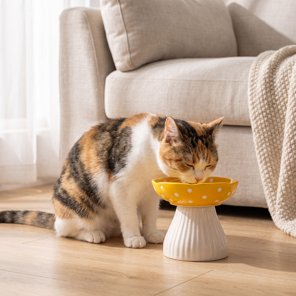 Cat eating from a yellow Mushroom Elevated Ceramic Cat Bowl beside a couch