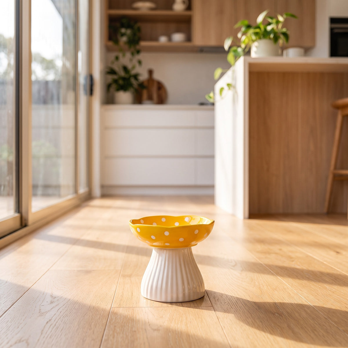 Yellow Mushroom Elevated Ceramic Cat Bowl on timber flooring in a sunny kitchen