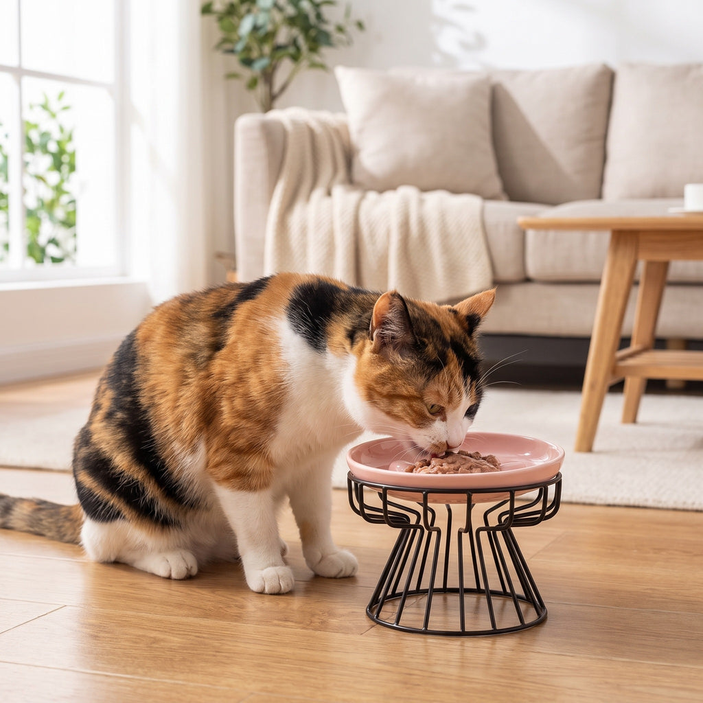 paw print slow feed cat plate on wire stand, with a cat using it