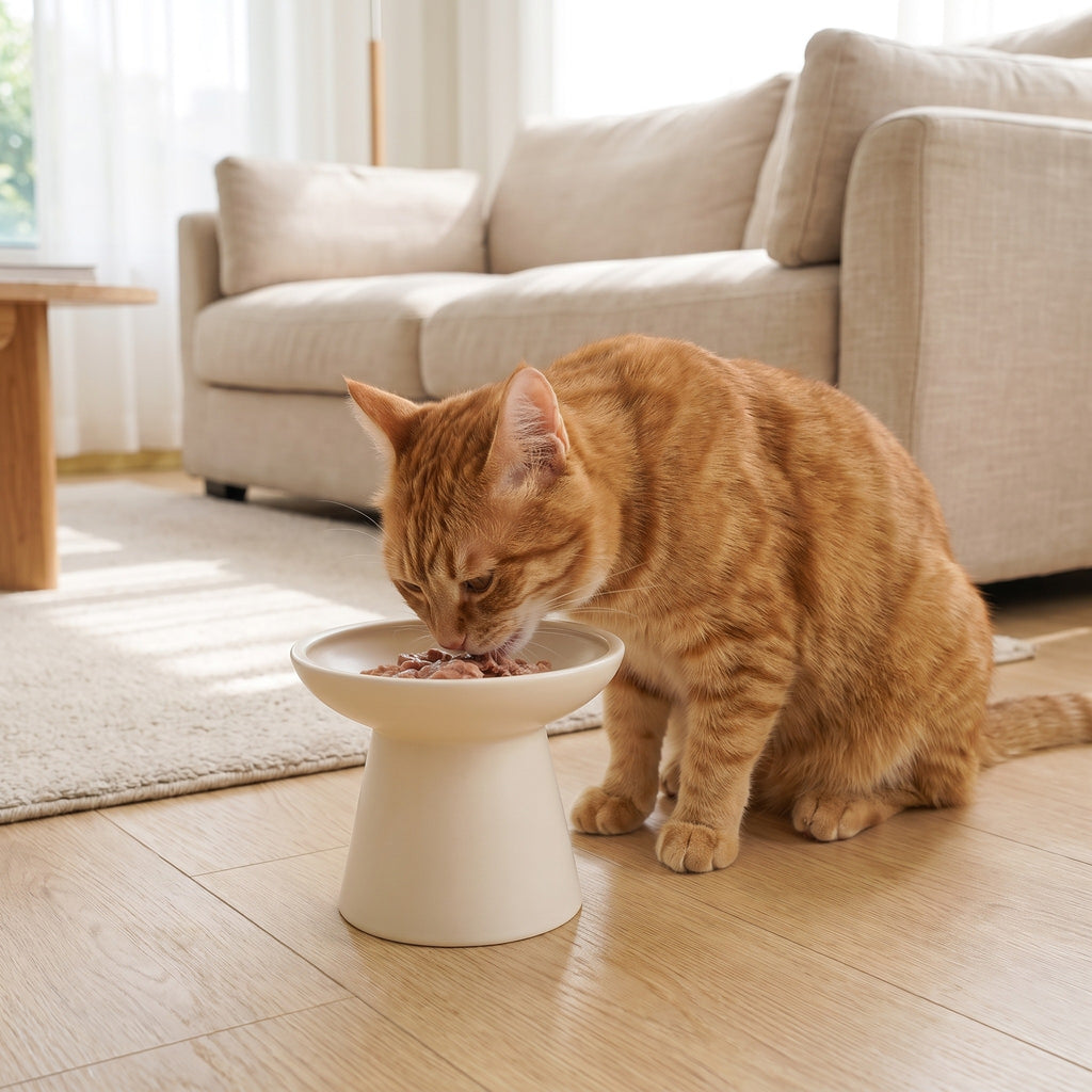 wide flared elevated ceramic cat bowl, with a cat using it