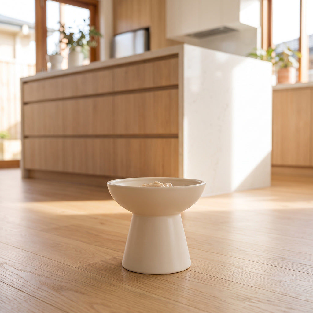 wide flared elevated ceramic cat bowl, in a sunlit Australian home