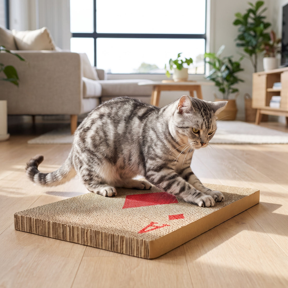 playing card cardboard cat scratcher, with a cat using it