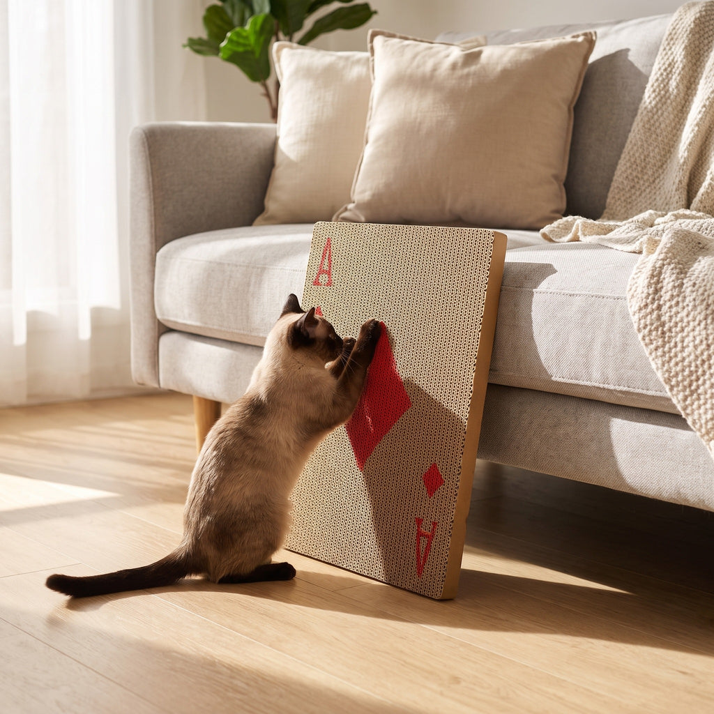 playing card cardboard cat scratcher, in a sunlit Australian home