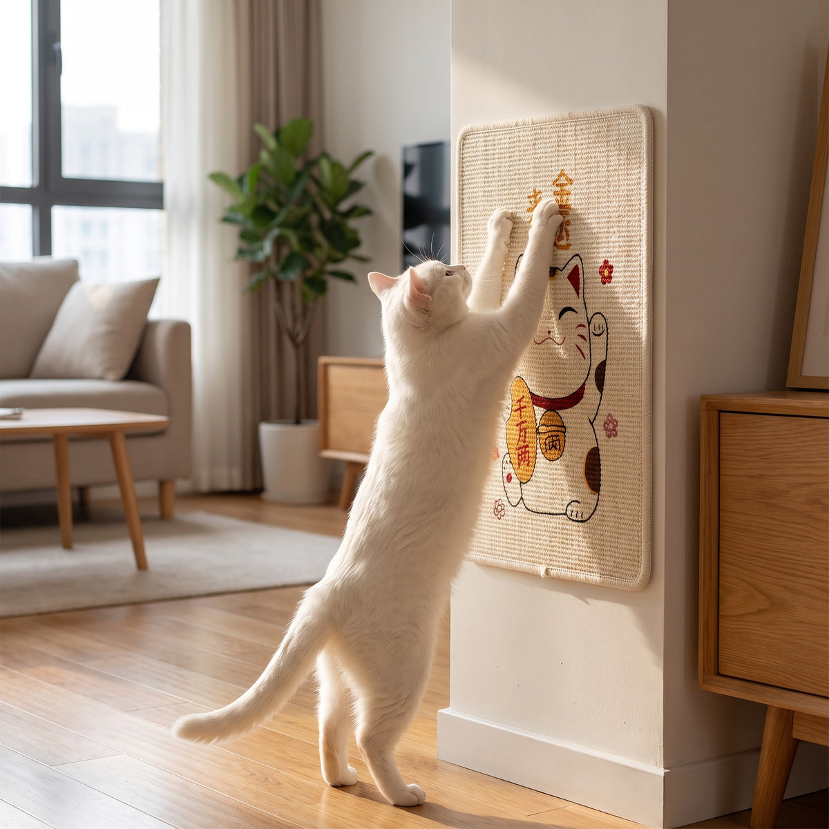 lucky cat wall scratch pad, with a cat using it