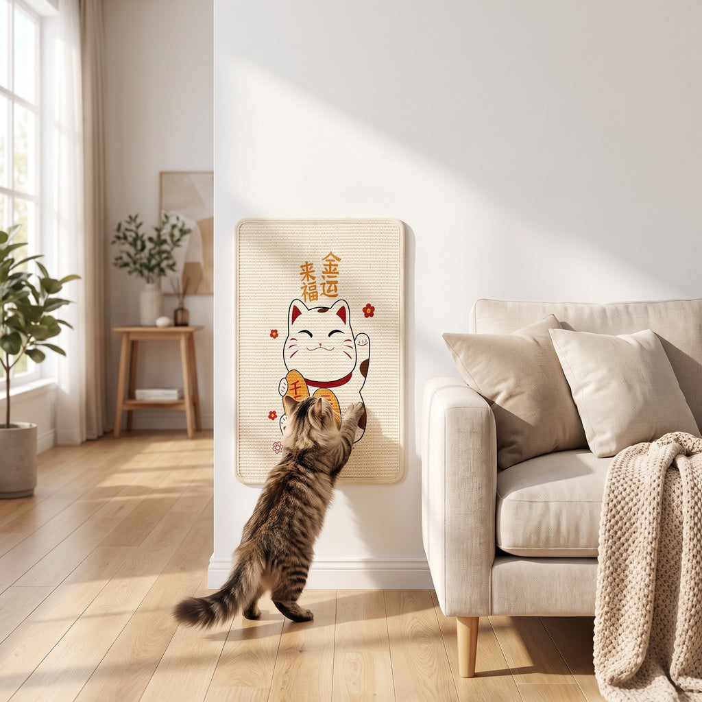 lucky cat wall scratch pad, in a sunlit Australian home