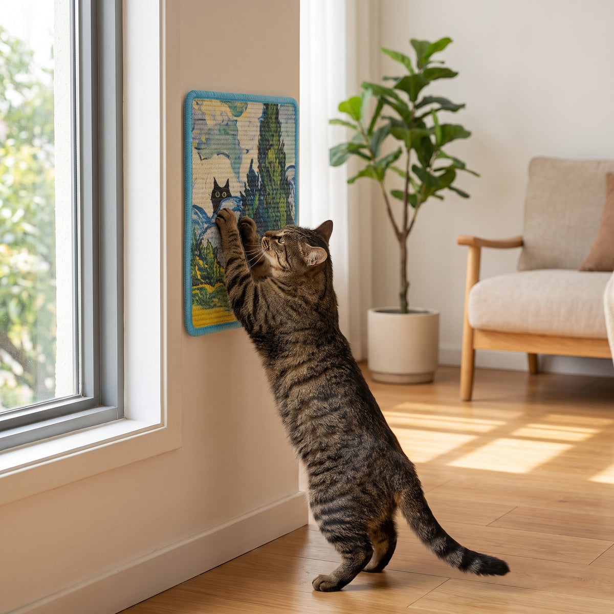 oil painting sisal scratch board, with a cat using it
