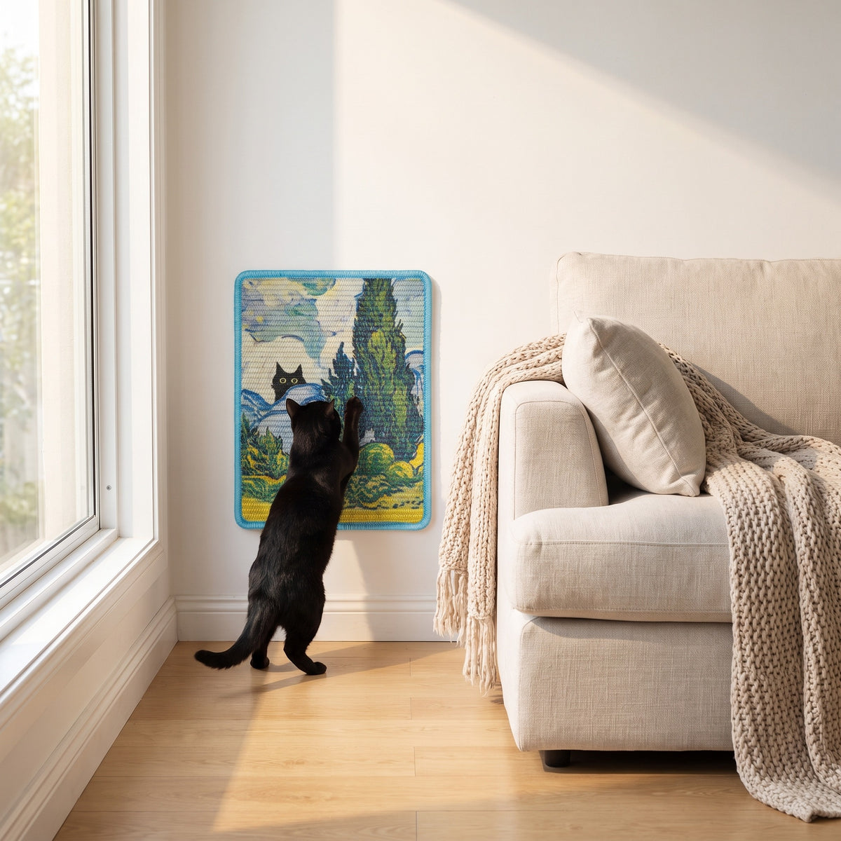 oil painting sisal scratch board, in a sunlit Australian home