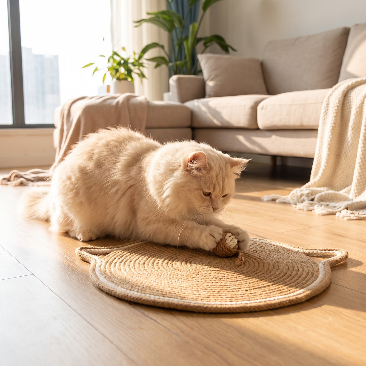 braided rope cat scratch mat with play ball, with a cat using it