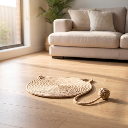 braided rope cat scratch mat with play ball, in a sunlit Australian home
