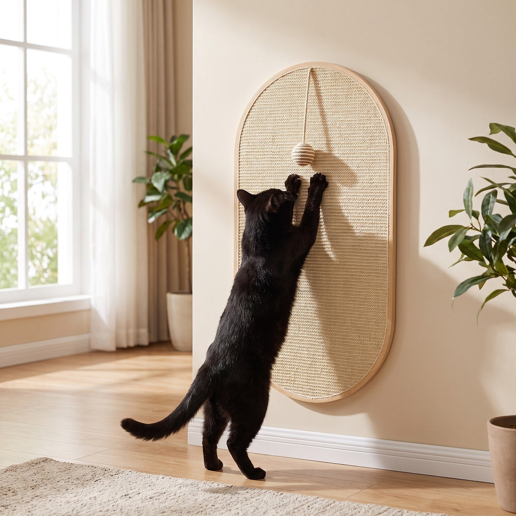 natural sisal arch wall scratch pad, with a cat using it