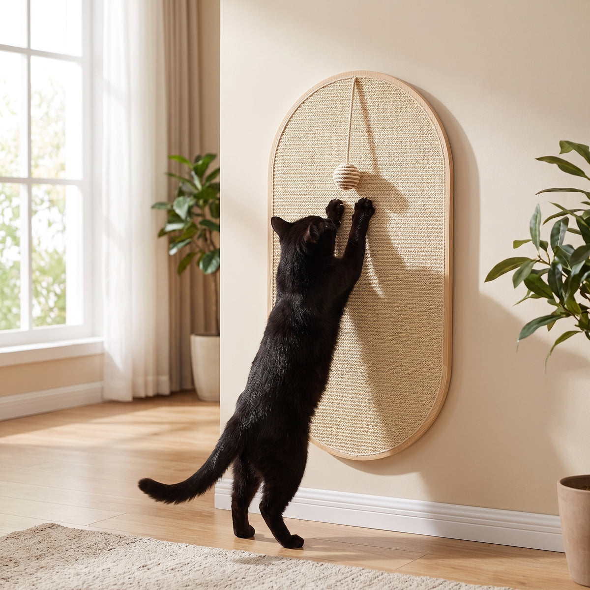 natural sisal arch wall scratch pad, with a cat using it