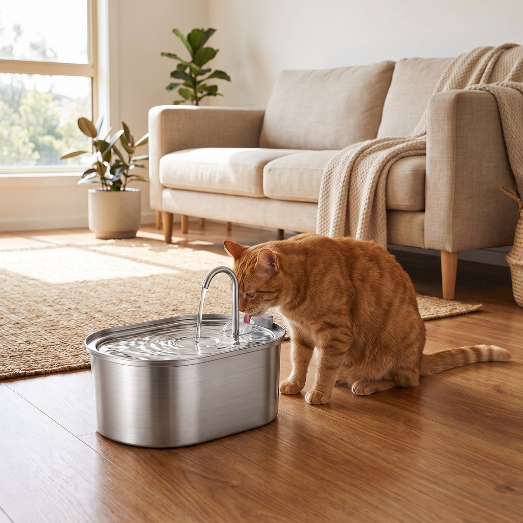 Cat drinking from a Smart Sensor Cat Water Fountain in a bright living room