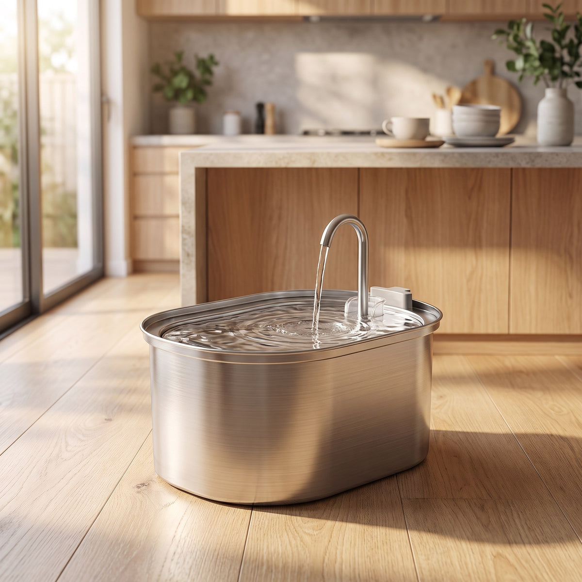 Smart Sensor Cat Water Fountain on timber flooring in a bright kitchen