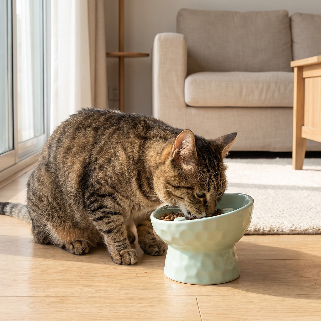 slanted ceramic slow feeder pedestal bowl, with a cat using it