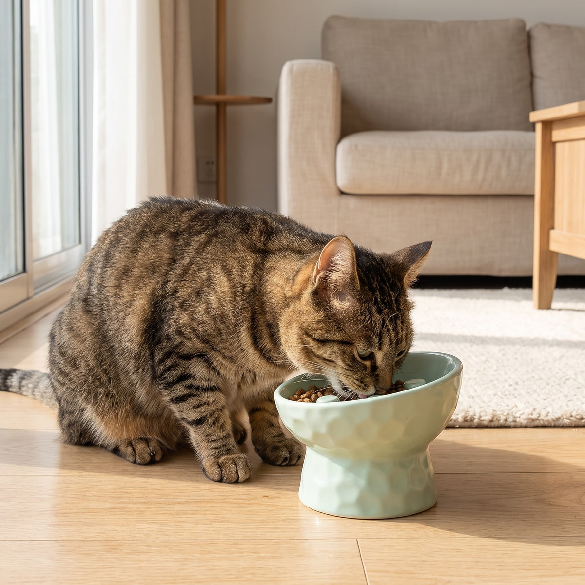 slanted ceramic slow feeder pedestal bowl, with a cat using it