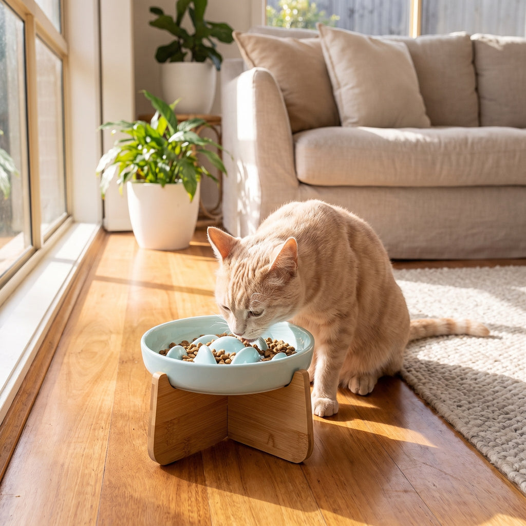 Cat eating from the Ceramic Slow Feeder Cat Bowl on a bamboo stand in a sunlit living room