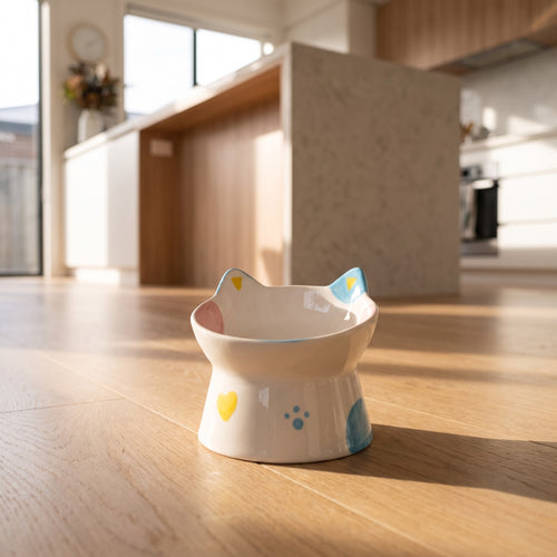 cat face tilted ceramic bowl, in a sunlit Australian home