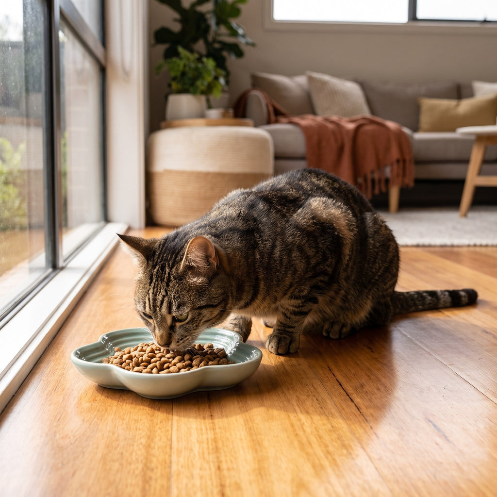 Tabby cat eating from the sage green Extra Wide Whisker Relief Ceramic Cat Bowl by a sunny window