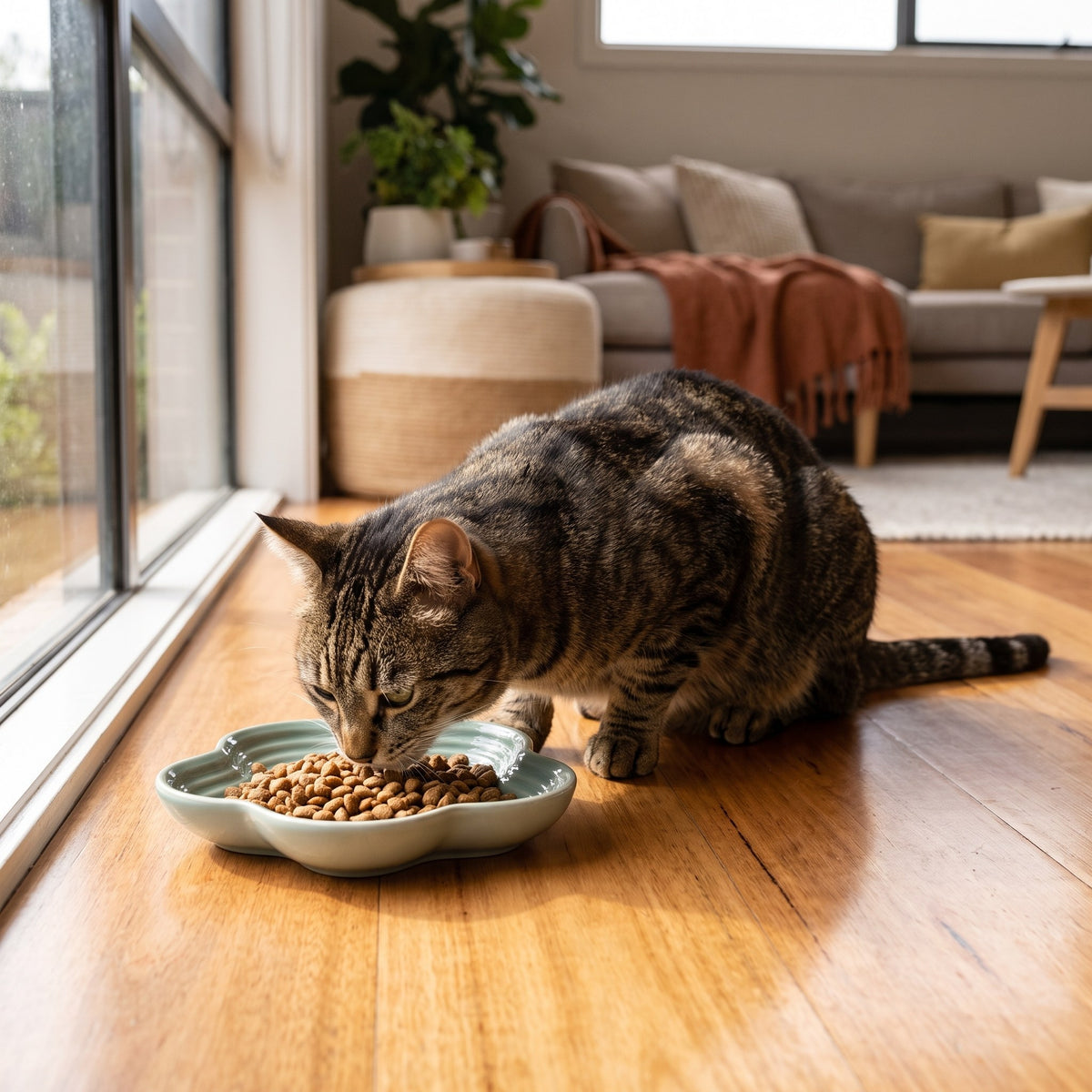 Tabby cat eating from the sage green Extra Wide Whisker Relief Ceramic Cat Bowl by a sunny window