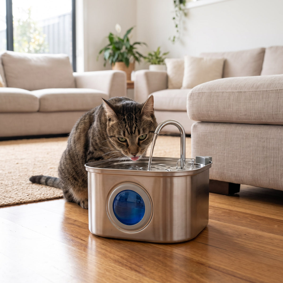 Cat drinking from a Stainless Steel Cat Water Fountain with window in a living room