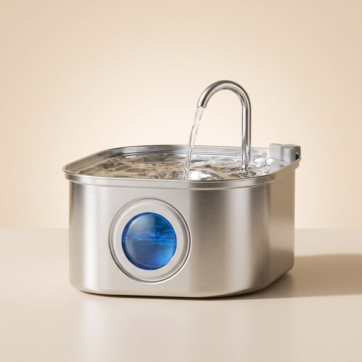 Stainless Steel Cat Water Fountain with blue water level window on a cream studio background