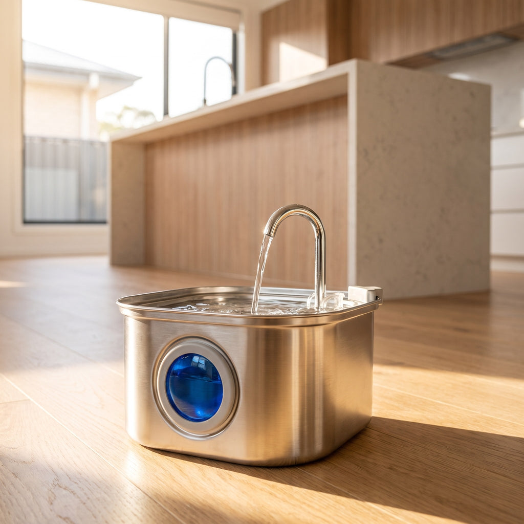 Stainless Steel Cat Water Fountain with window on timber flooring beside a kitchen island